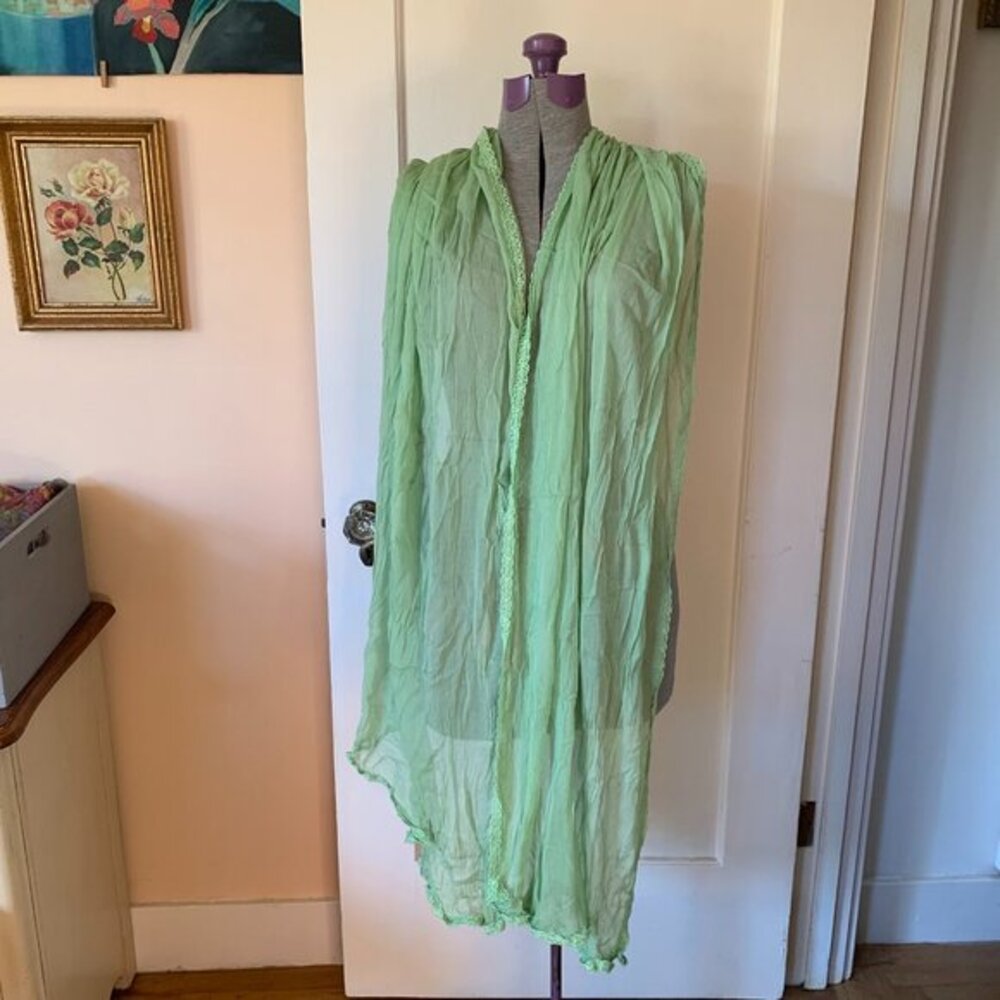 Lightweight Silk Chiffon Shear Wide Scarf Shawl Wrap Lace Trim Green 24x89"